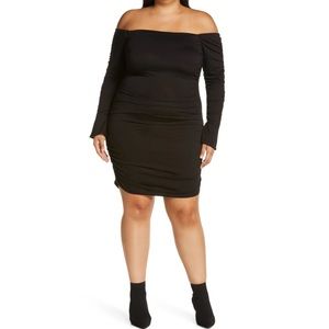 WAYF Kerry Ruched Off Shoulder Long Sleeve Bodycon Mini Dress Black Size 3X NWT